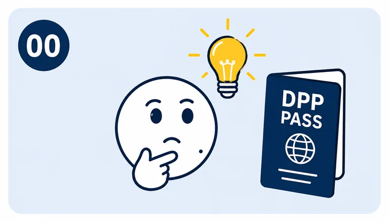 Nachdenkliches Gesicht neben einem stilisierten Digitalen Produktpass und einer leuchtenden Glühbirne. Die Darstellung steht für den Einstieg in das Thema und das grundlegende Verständnis des DPP.