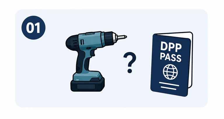 Akkuschrauber und stilisierter Digitaler Produktpass mit einem Fragezeichen dazwischen. Die Darstellung symbolisiert die Prüfung, ob ein Produkt von einer DPP-Pflicht betroffen ist.