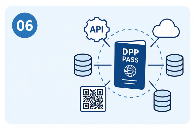 Ein stilisierter Digitaler Produktpass ist mit API, Cloud, mehreren Datenbanken und einem QR-Code verbunden. Die Darstellung symbolisiert die technische Anbindung, Bereitstellung und Verknüpfung der DPP-Daten.