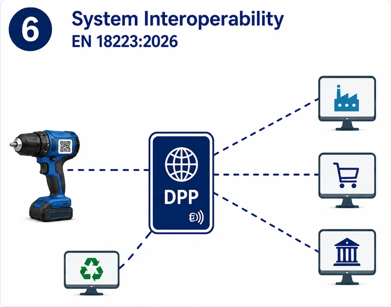 Ein Digitaler Produktpass ist mit mehreren unterschiedlichen Computersystemen verbunden, darunter Produktion, Handel, Recycling und Behörde. Der Akkuschrauber mit Datenträger bleibt als zugehöriges Produkt im Hintergrund sichtbar.