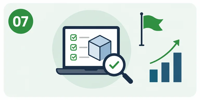 Computer mit geprüftem Produktmodell, Lupe und Häkchen sowie einer Zielfahne und ansteigenden Balken. Die Darstellung steht für die Erprobung des DPP in einem Pilotprojekt und die anschließende Ausweitung auf weitere Produkte.