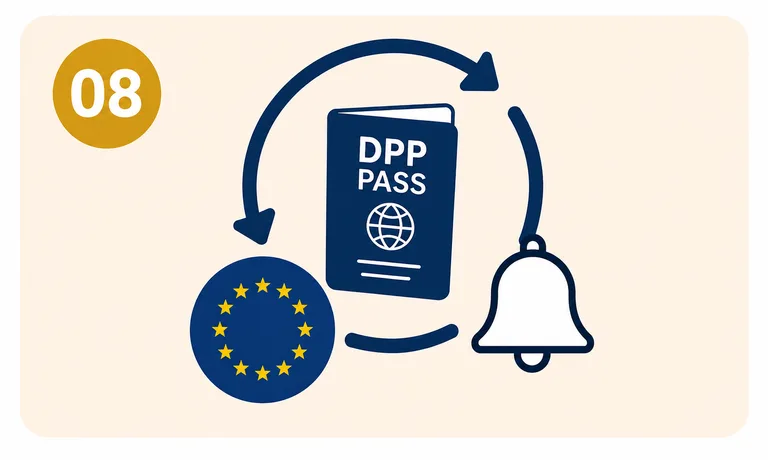 Ein Digitaler Produktpass ist von Kreislaufpfeilen umgeben; daneben stehen ein EU-Symbol und eine Glocke. Die Darstellung symbolisiert die laufende Pflege des DPP und die Beobachtung regulatorischer Entwicklungen.
