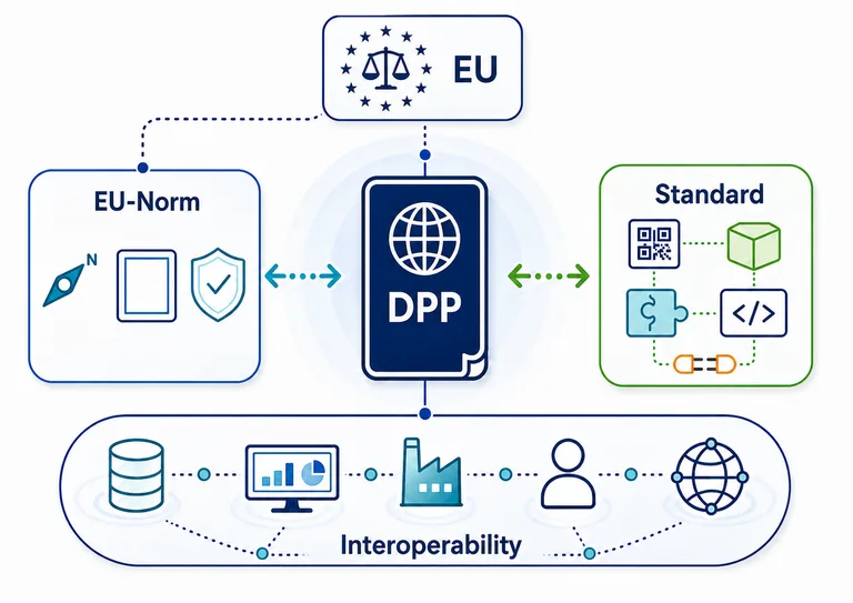 Schematische Darstellung des Zusammenspiels von EU-Recht, europäischen DPP-Normen und technischen Standards. Im Zentrum steht der Digitale Produktpass. Die EU gibt den rechtlichen Rahmen vor, europäische Normen definieren gemeinsame technische Anforderungen und Standards stellen konkrete Bausteine für die Umsetzung bereit. Dadurch können Datenbanken, IT-Systeme, Unternehmen und weitere Akteure interoperabel zusammenarbeiten.