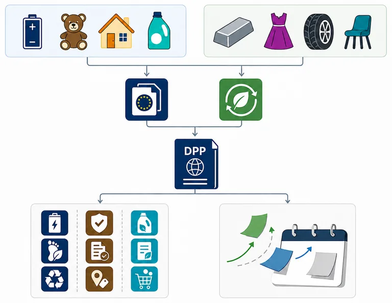 Grafische Übersicht zu DPP-pflichtigen Produktgruppen: Batterien, Spielzeuge, Bauprodukte und Waschmittel werden über sektorale EU-Verordnungen geregelt; Aluminium, Textilien, Reifen und Möbel über die ESPR. Beide Rechtswege führen zu produktspezifischen Digitalen Produktpässen mit unterschiedlichen Informationsschwerpunkten und Einführungszeitpunkten.